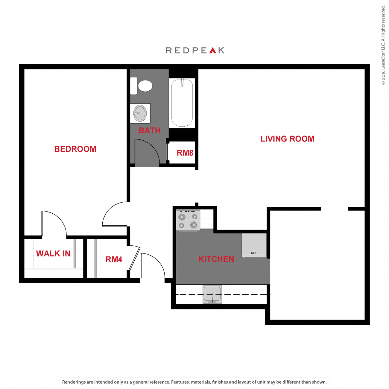 Floor plan for 1 bed, 1 bath, 739 sqft